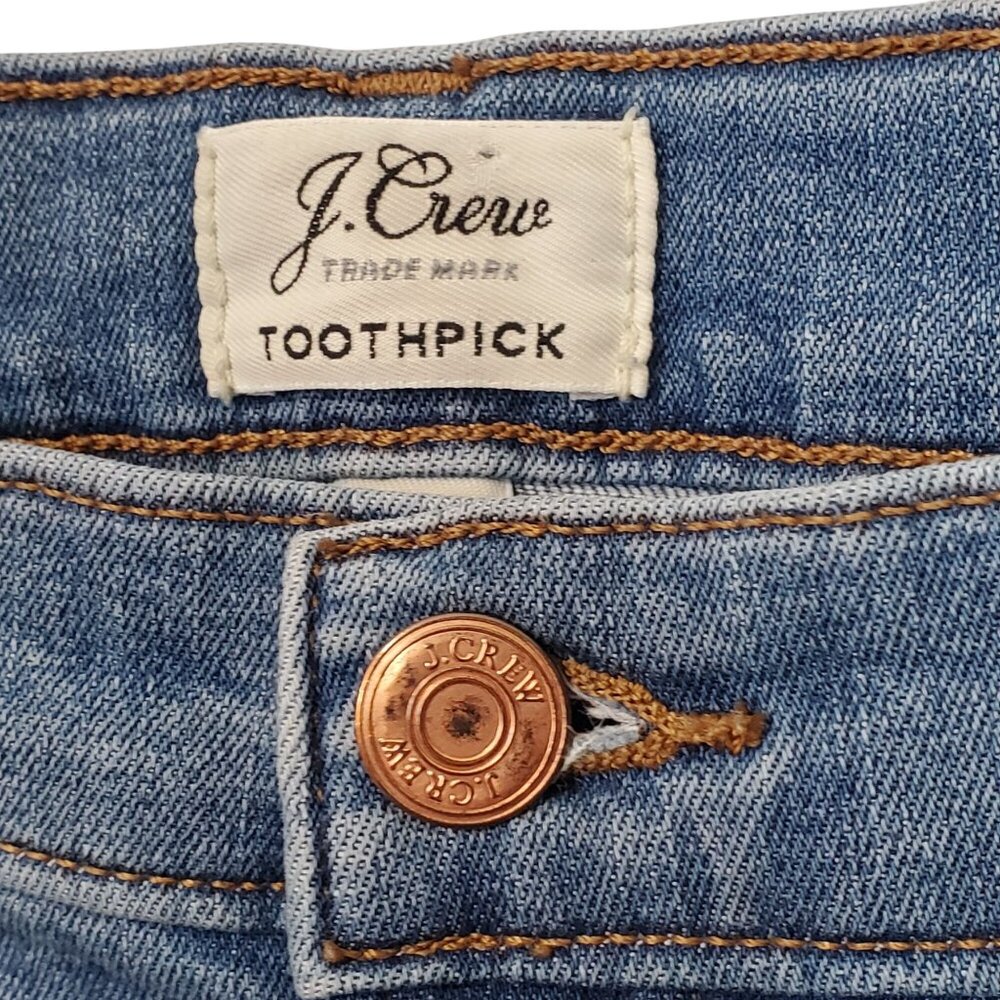 J Crew Size 31 Jeans Toothpick Distressed Mid Rise Skinny Stretch Denim Raw Hem - Picture 11 of 14